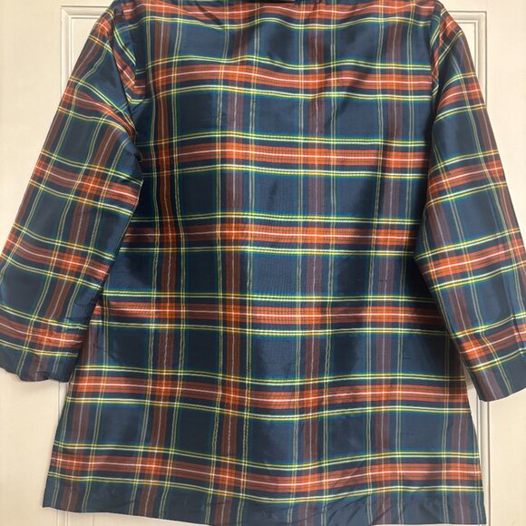 Tuckernuck Devon Baer SILK Stewart Plaid Top 3/4 sleeve ruffle collar Medium - Picture 4 of 5